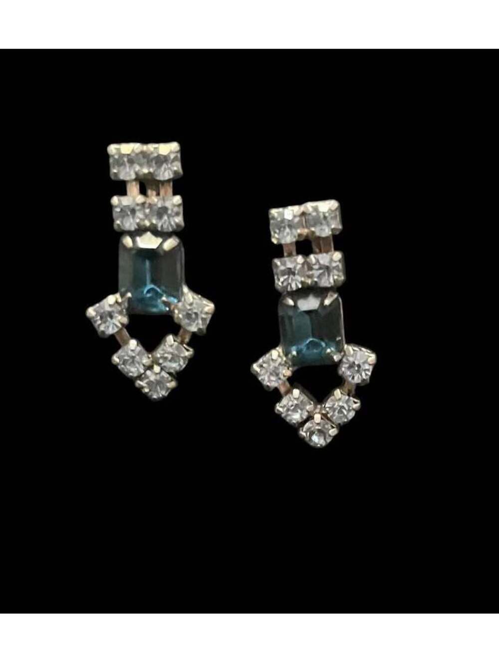 Vintage Blue and Clear Rhinestone Drop Clip On Earrings